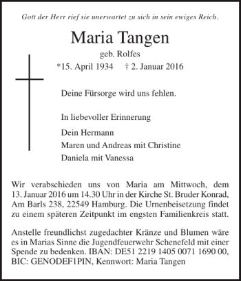Traueranzeige von Maria Tangen von Pinneberger Tageblatt