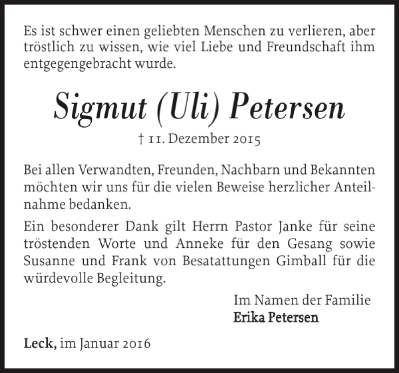  Traueranzeige für Sigmut Uli Petersen vom 09.01.2016 aus Nordfriesland Tageblatt