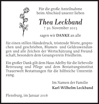 Traueranzeige von Thea Leckband von Flensburger Tageblatt