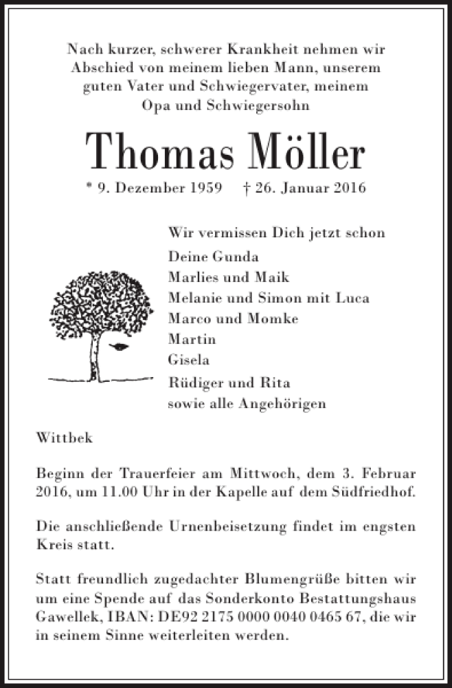  Traueranzeige für Thomas Möller vom 29.01.2016 aus Husumer Nachrichten