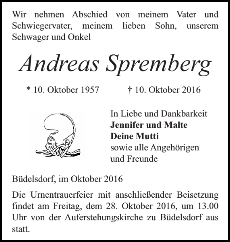  Traueranzeige für Andreas Spremberg vom 26.10.2016 aus Landeszeitung