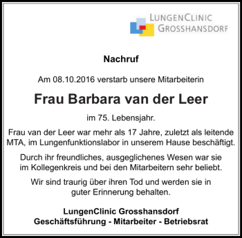 Traueranzeige von Barbara Van Der Leer von Stormarner Tageblatt