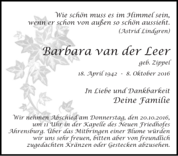Traueranzeige von Barbara van der Leer von Stormarner Tageblatt