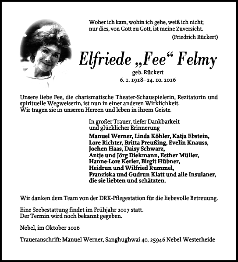  Traueranzeige für Elfriede Fee Felmy vom 29.10.2016 aus Der Insel-Bote