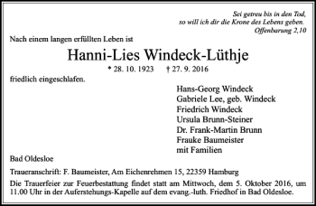 Traueranzeige von Hanni-Lies Windeck-Lüthje von Stormarner Tageblatt