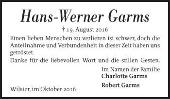 Traueranzeige von Hans-Werner Garms von Norddeutsche Rundschau