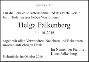 Traueranzeige von Helga Falkenberg von Norddeutsche Rundschau