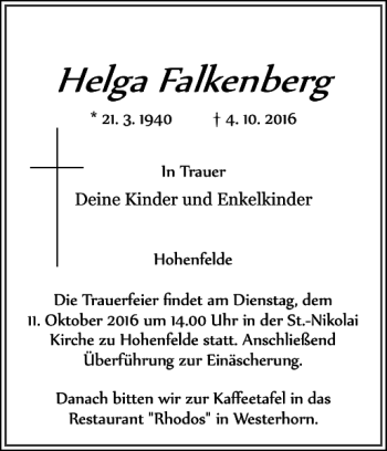 Traueranzeige von Helga Falkenberg von Norddeutsche Rundschau