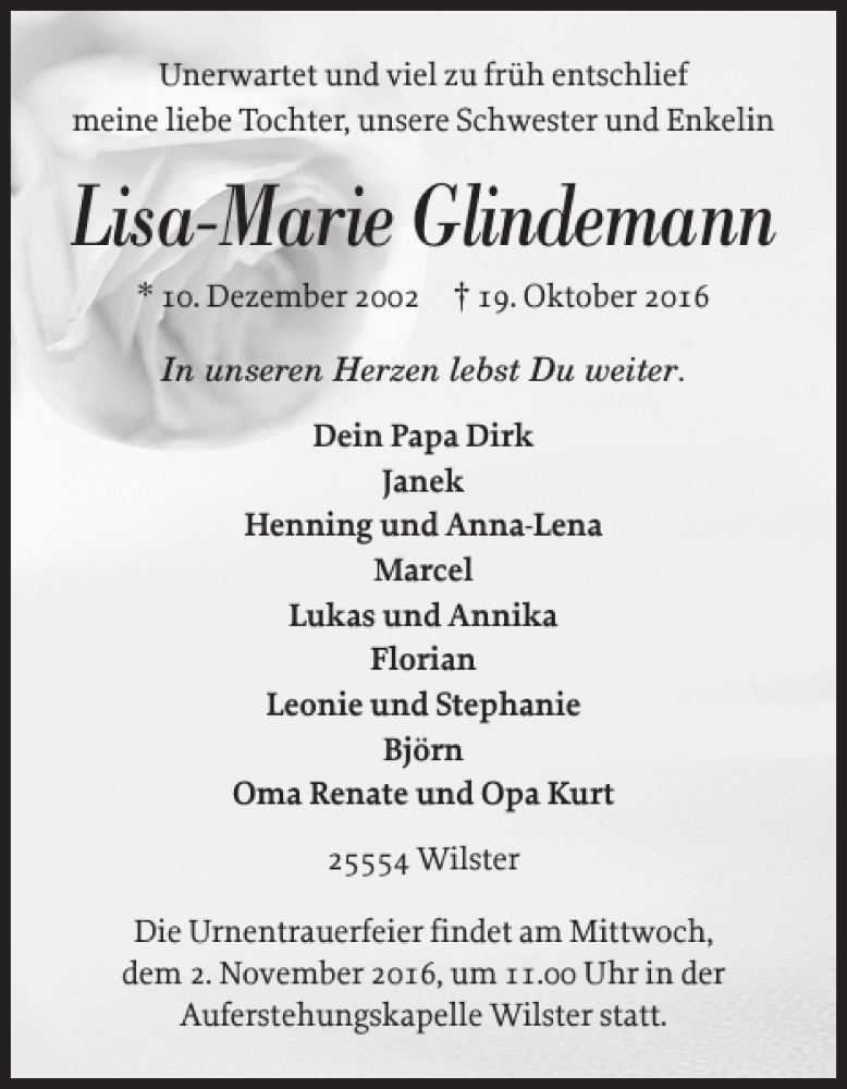  Traueranzeige für Lisa-Marie Glindemann vom 29.10.2016 aus Norddeutsche Rundschau