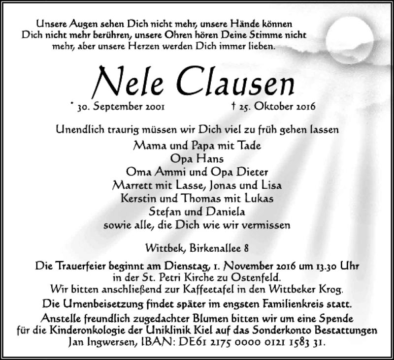  Traueranzeige für Nele Clausen vom 28.10.2016 aus Husumer Nachrichten