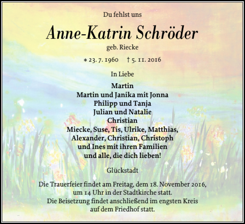  Traueranzeige für Anne-Katrin Schröder vom 12.11.2016 aus Norddeutsche Rundschau