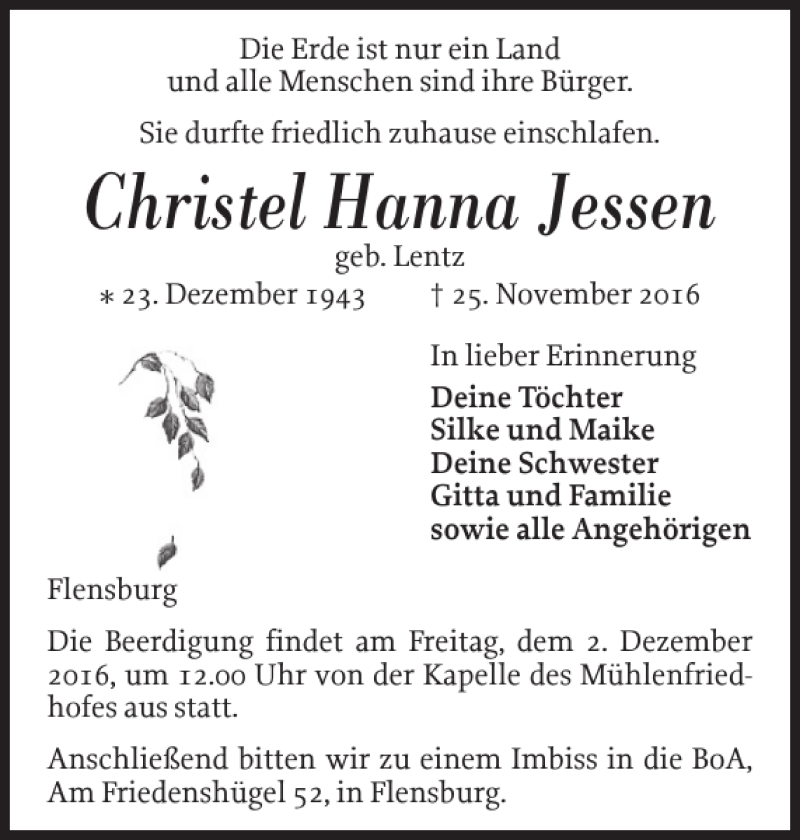  Traueranzeige für Christel Hanna Jessen vom 30.11.2016 aus Flensburger Tageblatt