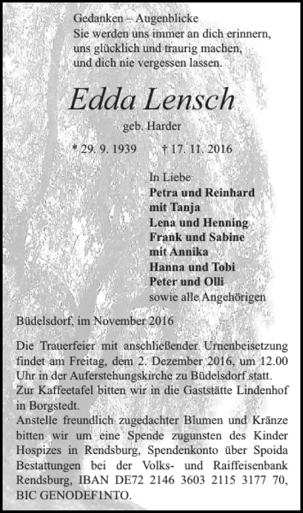  Traueranzeige für Edda Lensch vom 26.11.2016 aus Landeszeitung