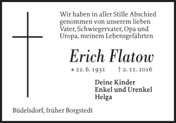 Traueranzeige von Erich Flatow von Landeszeitung