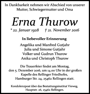 Traueranzeige von Erna Thurow von Pinneberger Tageblatt