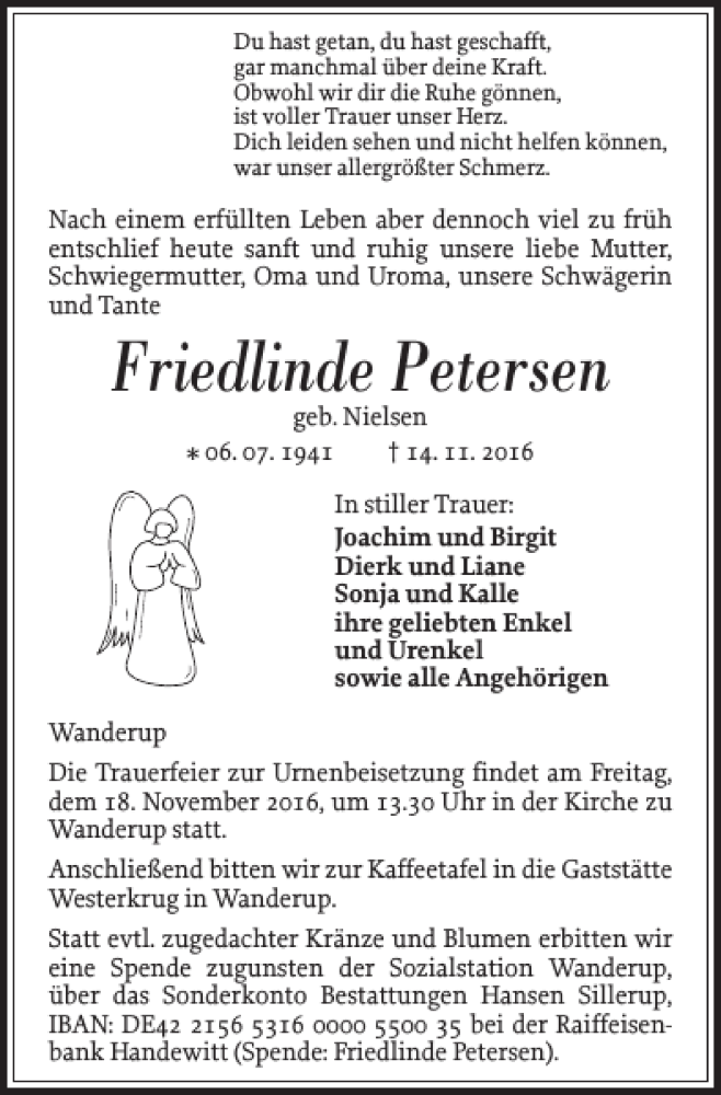  Traueranzeige für Friedlinde Petersen vom 16.11.2016 aus Flensburger Tageblatt
