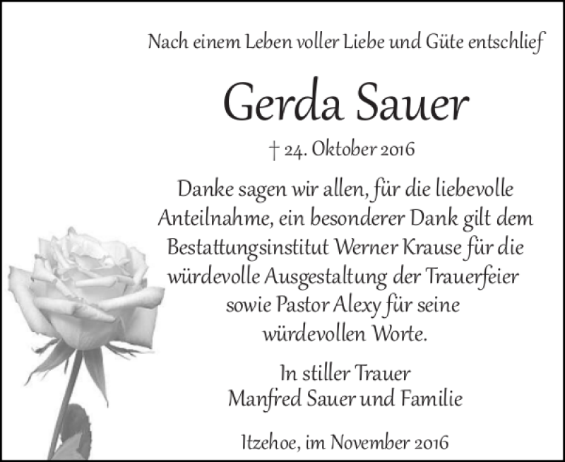  Traueranzeige für Gerda Sauer vom 26.11.2016 aus Norddeutsche Rundschau