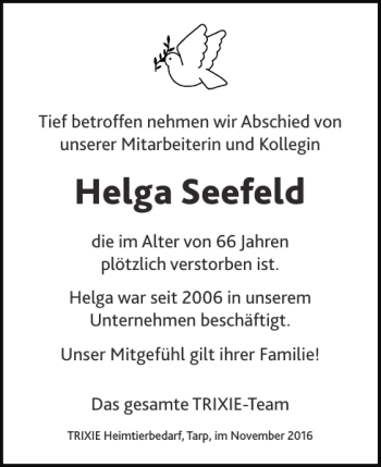 Traueranzeige von Helga Seefeld von Flensburger Tageblatt
