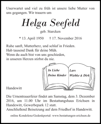 Traueranzeige von Helga Seefeld geb. Starcken von Flensburger Tageblatt