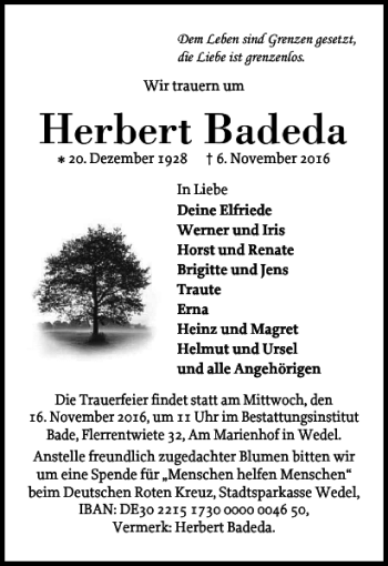 Traueranzeige von Herbert Badeda von Wedel-Schulauer Tageblatt