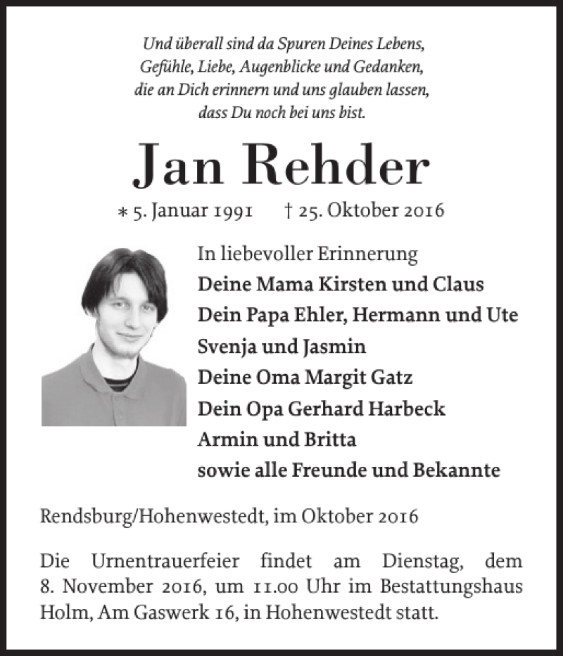  Traueranzeige für Jan Rehder vom 03.11.2016 aus Landeszeitung