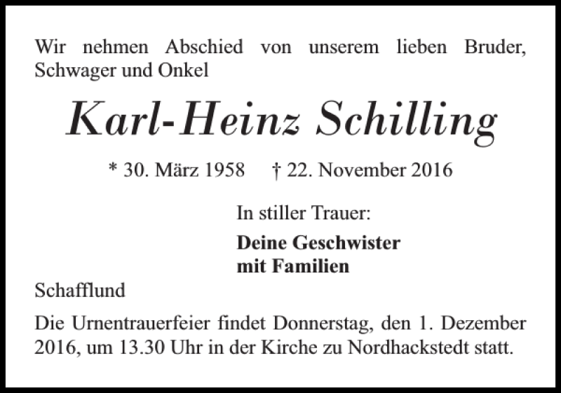  Traueranzeige für Karl-Heinz Schilling vom 26.11.2016 aus Flensburger Tageblatt