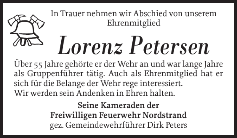  Traueranzeige für Lorenz Petersen vom 18.11.2016 aus Husumer Nachrichten