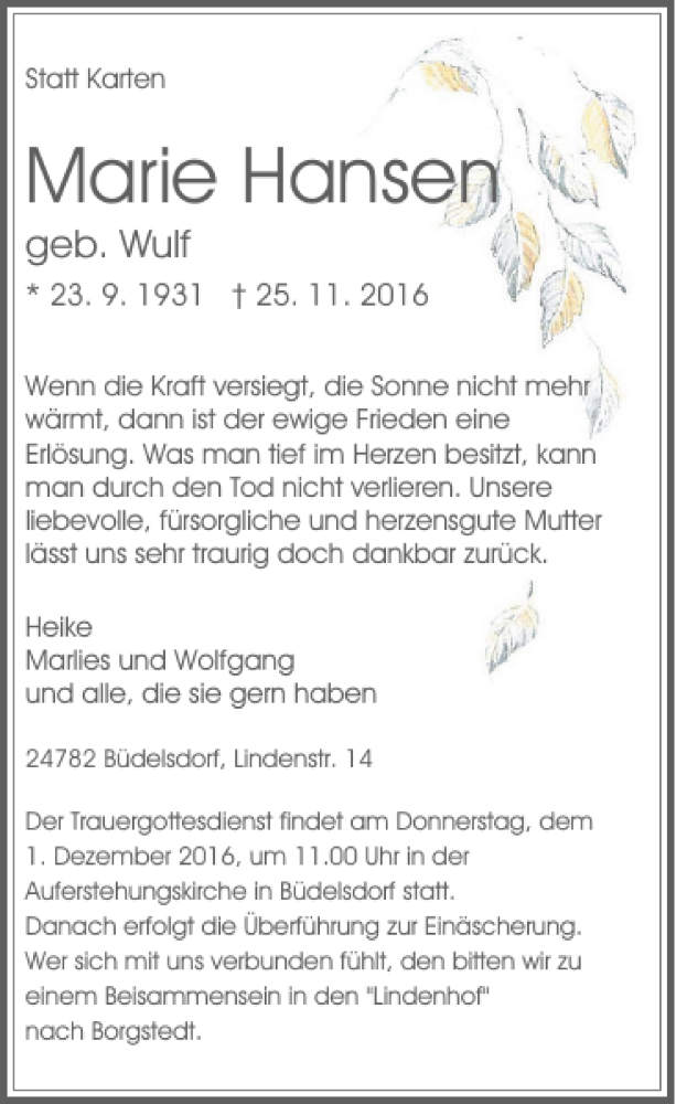  Traueranzeige für Marie Hansen vom 28.11.2016 aus Landeszeitung