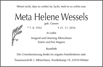 Traueranzeige von Meta Helene Wessels von Norddeutsche Rundschau