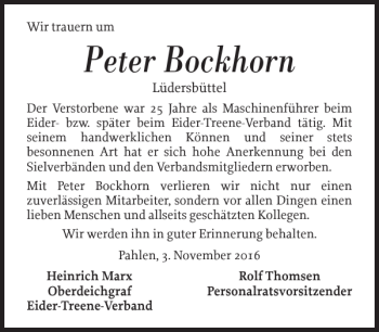 Traueranzeige von Peter Bockhorn von Husumer Nachrichten