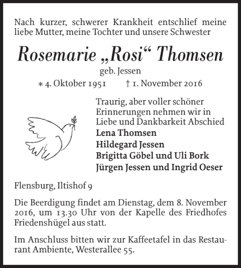  Traueranzeige für Rosemarie Rosi Thomsen vom 05.11.2016 aus Flensburger Tageblatt