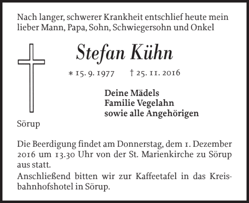  Traueranzeige für Stefan Kühn vom 28.11.2016 aus Flensburger Tageblatt