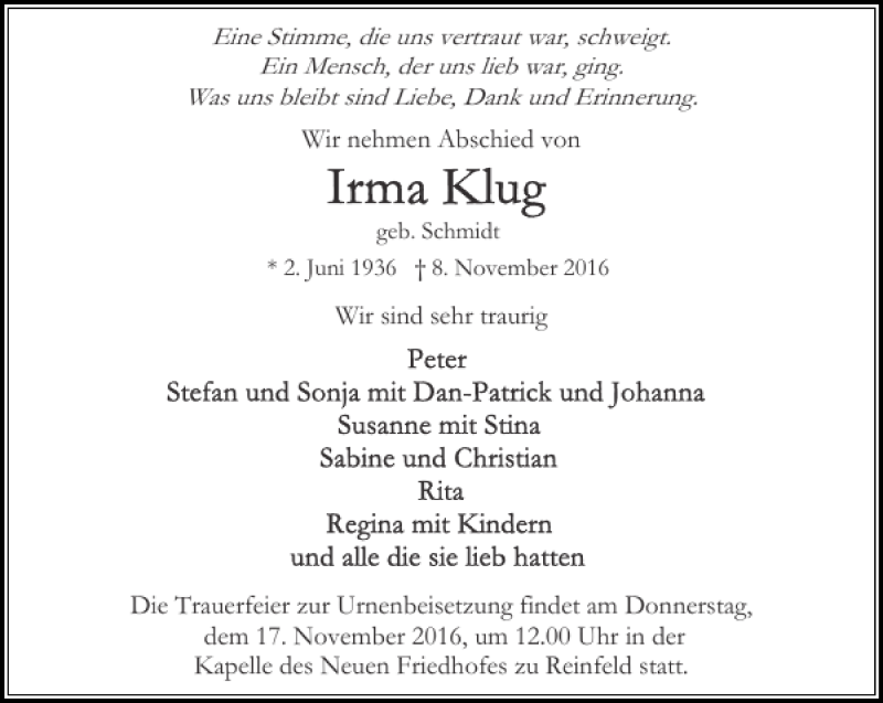  Traueranzeige für Von Um Der Friedhofes Zu Reinfeld  vom 16.11.2016 aus Stormarner Tageblatt