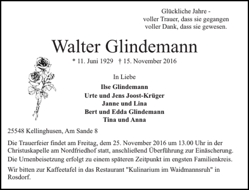  Traueranzeige für Walter Glindemann vom 19.11.2016 aus Norddeutsche Rundschau