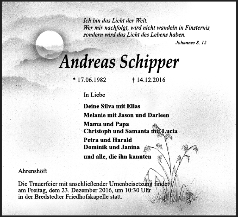  Traueranzeige für Andreas Schipper vom 19.12.2016 aus Husumer Nachrichten