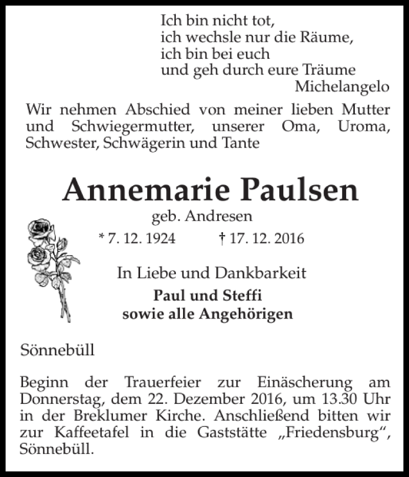  Traueranzeige für Annemarie Paulsen vom 19.12.2016 aus Husumer Nachrichten
