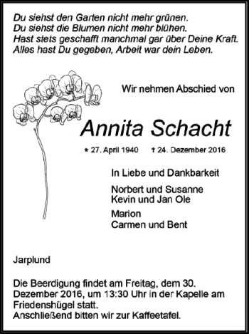 Traueranzeige von Annita Schacht von Flensburger Tageblatt