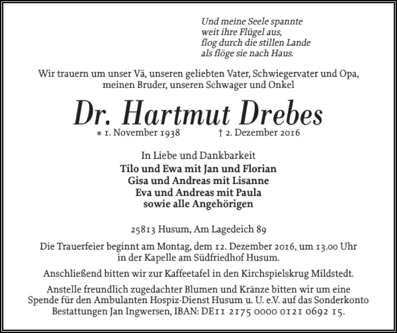  Traueranzeige für Dr. Hartmut Drebes vom 06.12.2016 aus Husumer Nachrichten