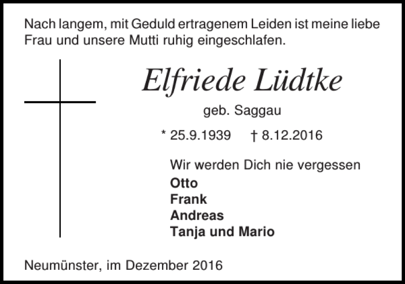 Traueranzeige für Elfriede Lüdtke vom 13.12.2016 aus Holsteinischer Courier