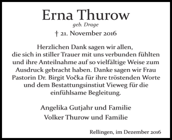 Traueranzeige von Erna Thurow von Pinneberger Tageblatt