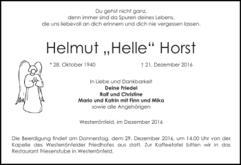 Traueranzeige von Helmut 'Helle' Horst von Landeszeitung