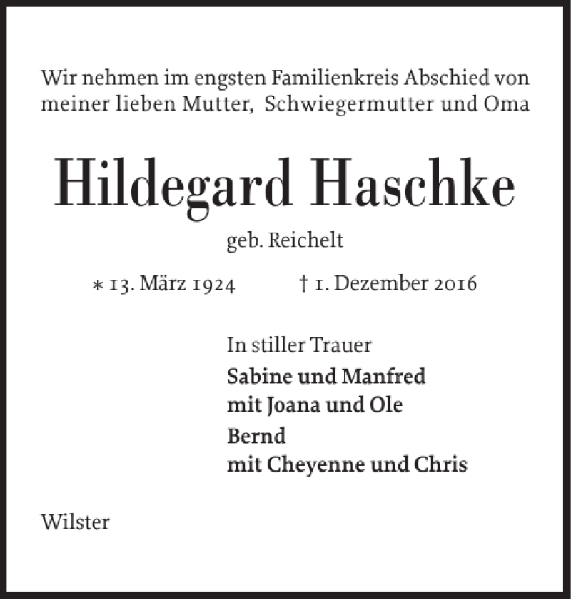  Traueranzeige für Hildegard Haschke geb. Reichelt vom 07.12.2016 aus Norddeutsche Rundschau