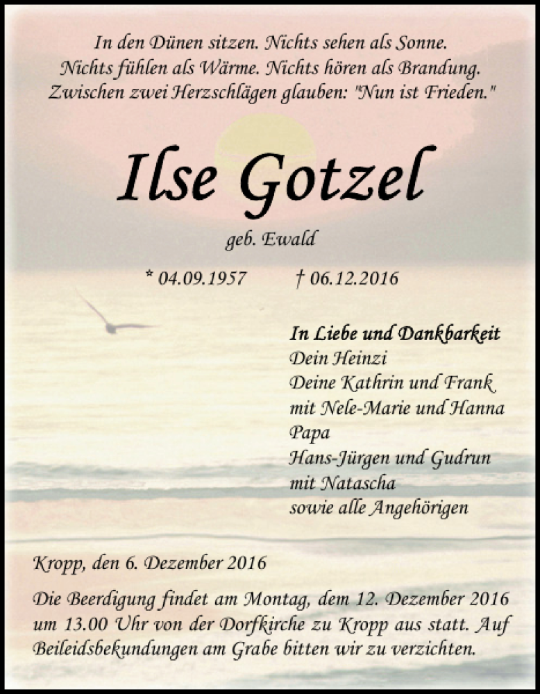  Traueranzeige für Ilse Gotzel vom 09.12.2016 aus Landeszeitung