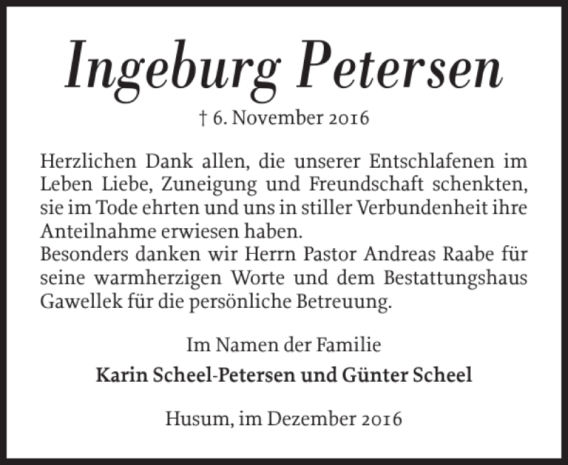  Traueranzeige für Ingeburg Petersen vom 10.12.2016 aus Husumer Nachrichten
