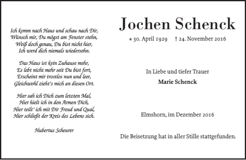  Traueranzeige für Jochen Schenck vom 03.12.2016 aus Elmshorner Nachrichten