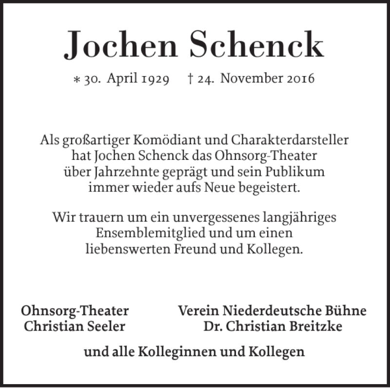  Traueranzeige für Jochen Schenck vom 03.12.2016 aus Elmshorner Nachrichten