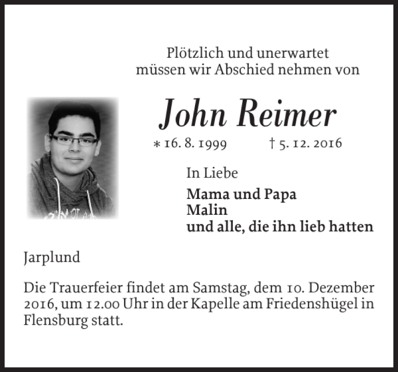  Traueranzeige für John Reimer vom 08.12.2016 aus Flensburger Tageblatt