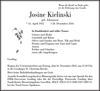 Traueranzeige von Josine Kielinski von Husumer Nachrichten