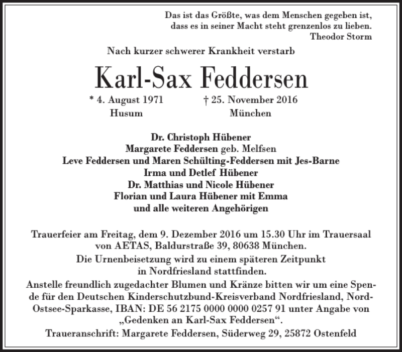  Traueranzeige für Karl-Sax Feddersen vom 03.12.2016 aus Husumer Nachrichten
