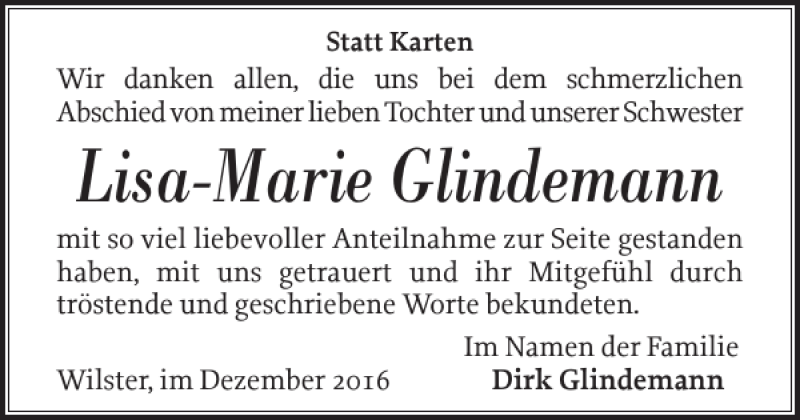  Traueranzeige für Lisa-Marie Glindemann vom 10.12.2016 aus Norddeutsche Rundschau